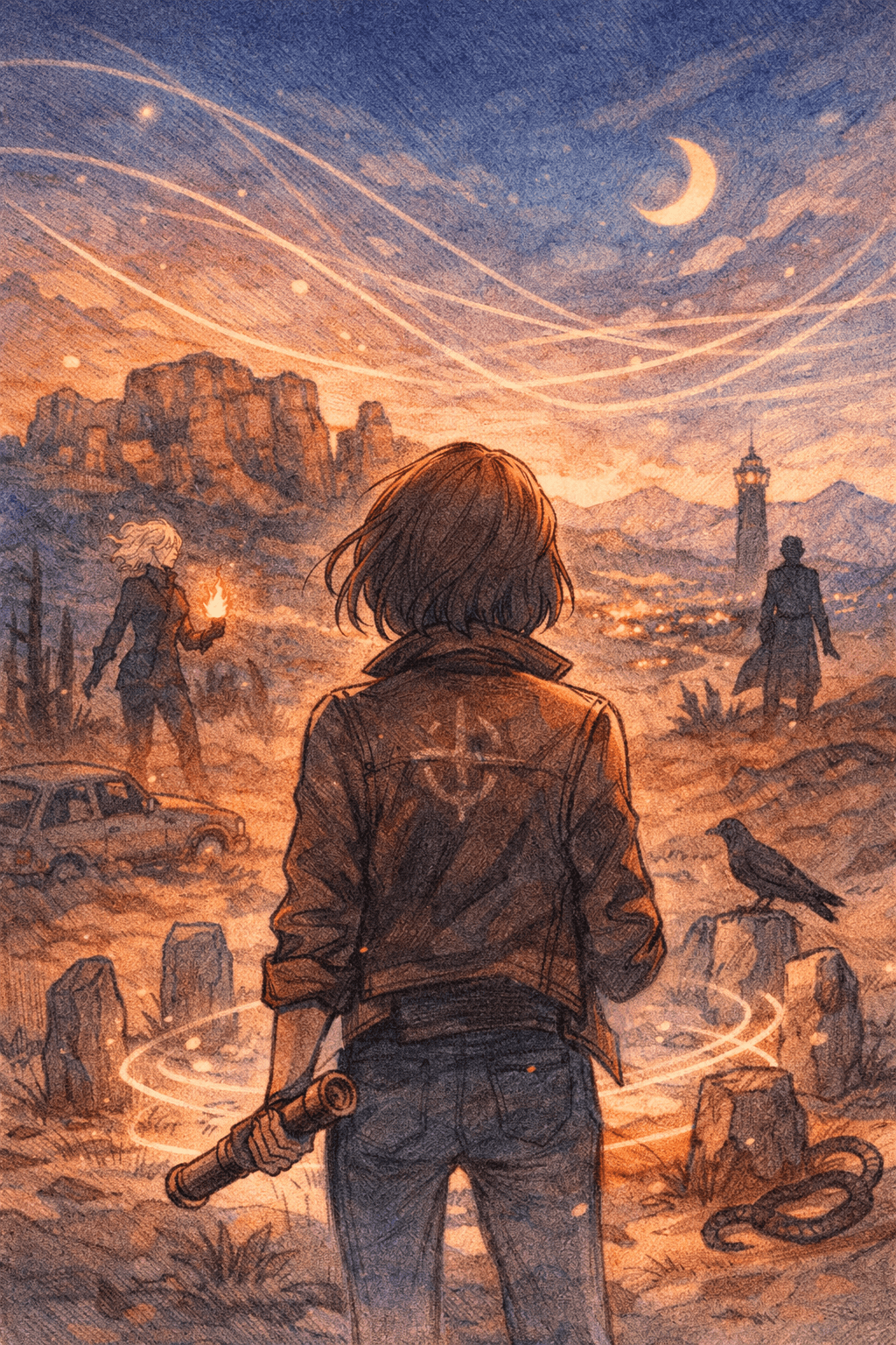 Anime-style, colored-pencil poster of a woman seen from behind in the Sedona desert at dusk, holding a brass spyglass as glowing magical lines swirl overhead beneath a crescent moon; red rock mesas, a distant lighthouse-like tower, two shadowy figures (one with a small flame), and a raven near standing stones create a mysterious, atmospheric scene.